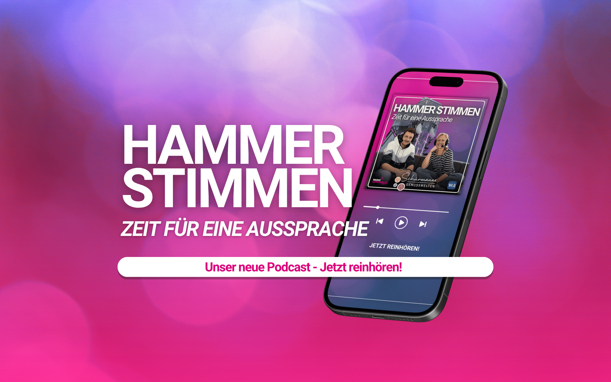 Grafik zum Podcast „Hammer Stimmen“ mit Smartphone, Podcast-Cover und dem Claim „Zeit für eine Aussprache“